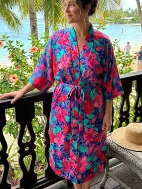 California Dynasty Vintage Floral Robe Vibrant Tropical Print Kimono Style Boho